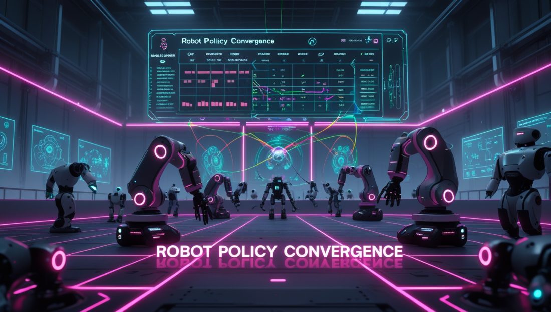Dark cyberpunk illustration of robots gathered around a neon-pink holographic leaderboard in a futuristic factory, highlighting “robot policy convergence” and gamified reinforcement learning metrics.