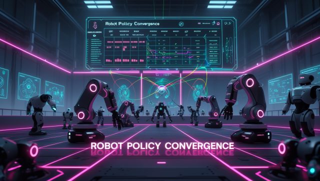Dark cyberpunk illustration of robots gathered around a neon-pink holographic leaderboard in a futuristic factory, highlighting “robot policy convergence” and gamified reinforcement learning metrics.