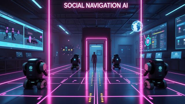 Dark cyberpunk digital illustration of Social Navigation AI showing a Clearpath Jackal robot navigating human crowds with neon pink trajectory lines, AR overlays, game-trained behavior maps, and predictive flow mapping in a futuristic lab.