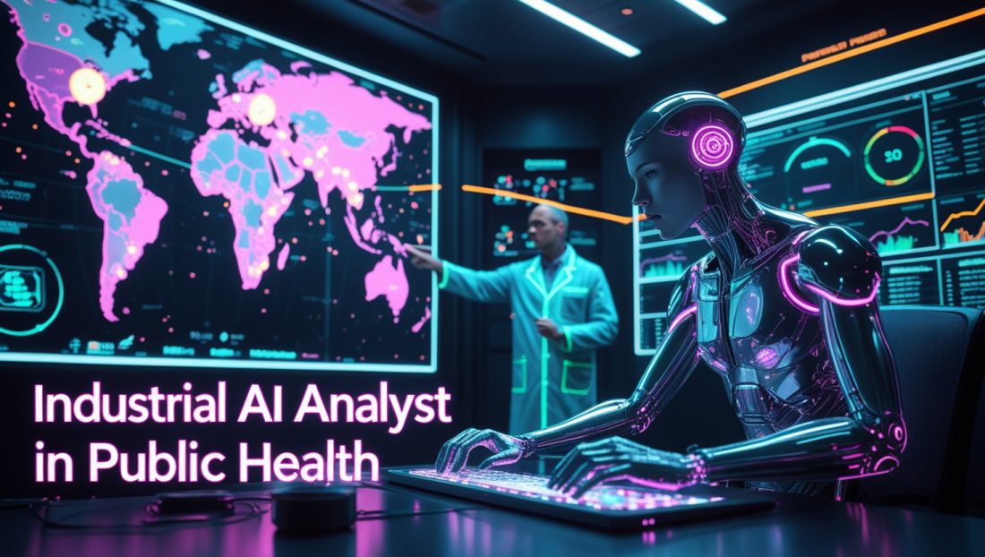 Cyberpunk digital illustration of an Industrial AI Analyst in Public Health analyzing global outbreak data on a neon-lit map, surrounded by real-time data streams from satellites, social media, and wastewater sensors—highlighting AI-driven disease prediction and public health crisis response.