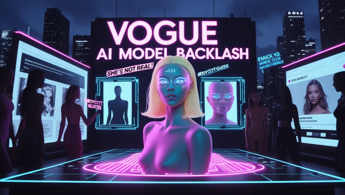 Cyberpunk-style illustration showing AI-generated fashion model with neon pink “Vogue AI Model Backlash” text, surrounded by holographic protest comments, highlighting controversy over synthetic beauty and AI ethics in fashion advertising.