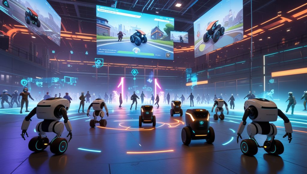 Futuristic multiplayer game-inspired training arena where humanoid robots and autonomous mobile robots navigate dynamic virtual environments with crowds, narrow corridors, and sudden obstacles, using holographic AI overlays to predict movement and practice social navigation skills within a digital twin warehouse simulation.