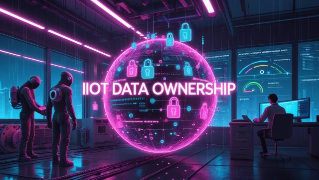 Dark cyberpunk illustration titled “IIoT data ownership” showing an OT technician and IT engineer linked by a glowing Unified Namespace hub, visualizing industrial IoT data governance, edge AI, and IT-OT convergence.