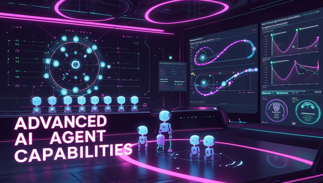 Cyberpunk neon-pink illustration showing advanced AI agent capabilities: floating AI avatars coordinating multi-step tasks, self-improvement loops, and holographic dashboards.