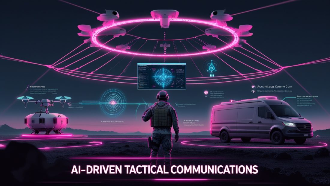 Cyberpunk illustration of AI-driven tactical communications — soldier with wearable HUD, satellite and UAV mesh, neon pink anti-jamming overlays.