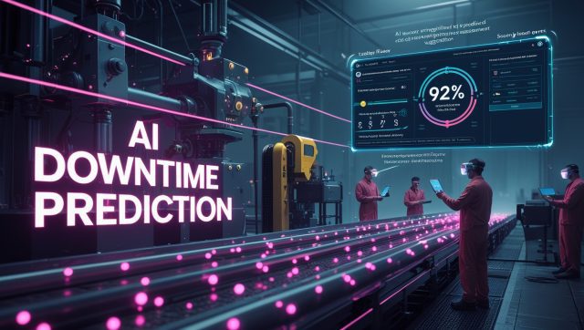 Dark neon cyberpunk factory illustration with glowing “AI Downtime Prediction” sign, holographic predictive maintenance dashboard and insurer risk report.