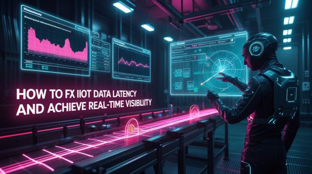 How to fix IIoT data latency and achieve real-time visibility — neon-pink cyberpunk IIoT control room with holographic latency heatmaps, edge servers, AR dashboards, and a technician optimizing edge computing.