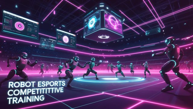 Cyberpunk-style digital illustration of robot esports competitive training, showing humanoid robots sprinting, playing robot soccer, and breakdancing inside a neon-lit arena with AR sim-training dashboards.