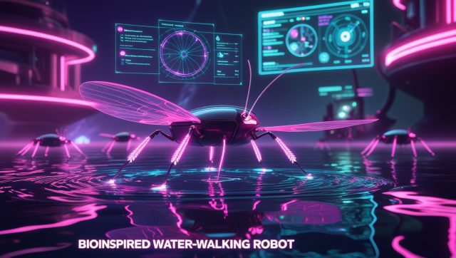 Cyberpunk digital illustration of a bioinspired water-walking robot named Rhagobot gliding on neon-lit water with fan-like legs, showing biomimetic design for efficient aquatic robotics, AI monitoring, and environmental applications.