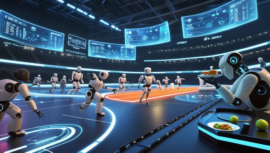 "Humanoid robots competing in a futuristic robot esports stadium, sprinting, playing soccer, and performing tasks like sorting medicine and serving food, showcasing advancements in AI and robotics."
