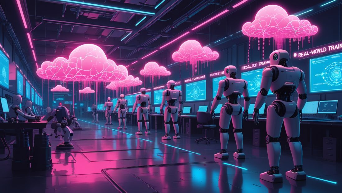Dark neon-pink cyberpunk scene of OpenAI humanoid robots training in a high-tech lab under the headline “Why OpenAI is returning to humanoid robotics in 2025 and what it means for AGI,” showing teleoperation stations, AR digital twins, and real-world AI training.