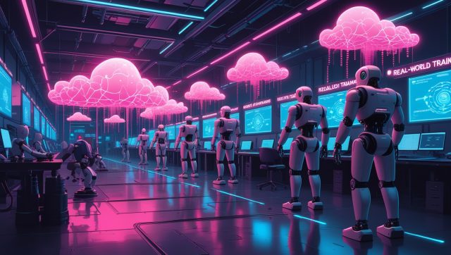 Dark neon-pink cyberpunk scene of OpenAI humanoid robots training in a high-tech lab under the headline “Why OpenAI is returning to humanoid robotics in 2025 and what it means for AGI,” showing teleoperation stations, AR digital twins, and real-world AI training.