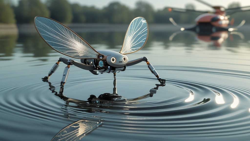 Bioinspired water-walking robot with expandable fan-like legs mimicking Rhagovelia insects, gliding across water surface for efficient propulsion, agility, and environmental monitoring applications.