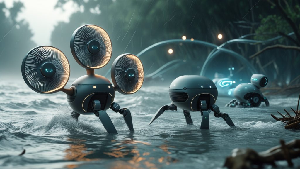Energy-efficient aquatic robot with passive fans adapting to water currents, soft robot switching between walking and swimming using compressed air, and resilient disaster-response robots navigating floods and deep-sea environments