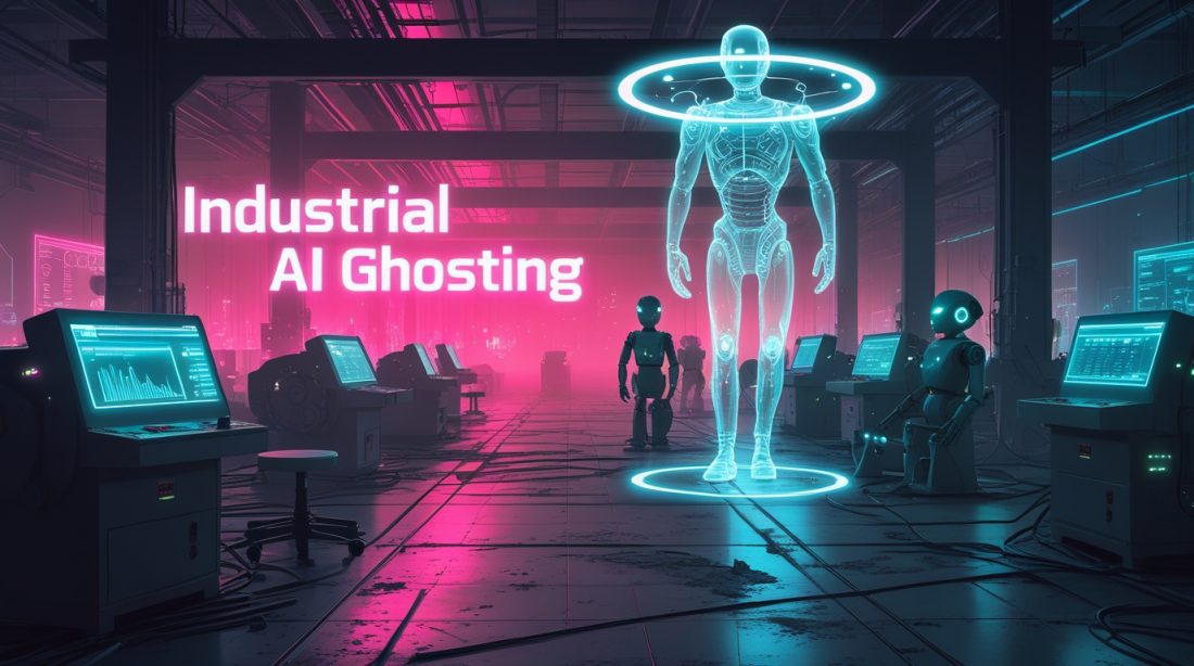 Cyberpunk digital illustration titled “Industrial AI Ghosting” showing an abandoned smart factory glowing in neon pink and blue, with idle humanoid robots, flickering AI dashboards, and ghostly holograms symbolizing unused industrial AI systems and human–machine disconnect in 2025 manufacturing.