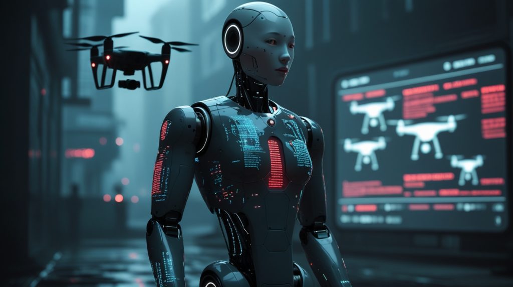 Futuristic humanoid robot resembling Unitree G1 glowing with digital circuits, showing signs of hacked code and surveillance overlays, symbolizing AI security vulnerabilities and risks of physical AI.