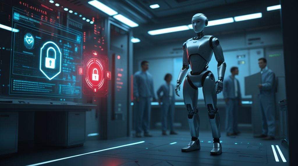 Futuristic humanoid robot in a dimly lit lab with ignored cybersecurity warning hologram, symbolizing Unitree’s lack of response to vulnerability disclosures.