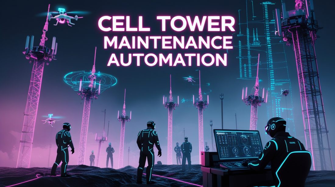 Cyberpunk digital illustration of cell tower maintenance automation, showing AI-powered drones and robots repairing antennas under neon pink and blue lights, highlighting how industrial AI and robotics are transforming dangerous tower work into safe, autonomous operations.