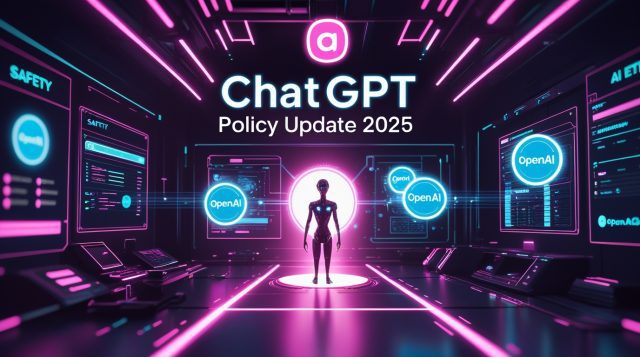 Cyberpunk-style digital illustration with neon pink and blue lighting showing a futuristic AI moderation hub and holographic text “ChatGPT erotica policy update,” symbolizing responsible AI governance and safety innovations.