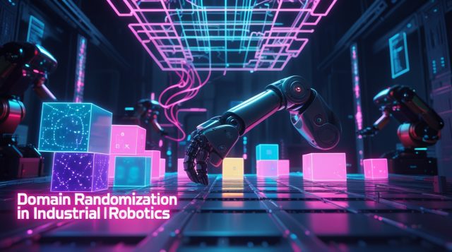 Cyberpunk digital illustration titled “Domain Randomization in Industrial Robotics,” showing neon pink and blue robotic arms training with holographic cubes of varying colors and textures, symbolizing AI adaptability and variability in modern manufacturing.