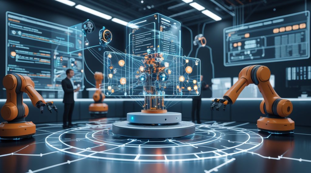 Futuristic robotics lab with AI engineers and robots using variability-trained systems, holographic behavior trees, and DataOps architecture for adaptive industrial automation in 2025.