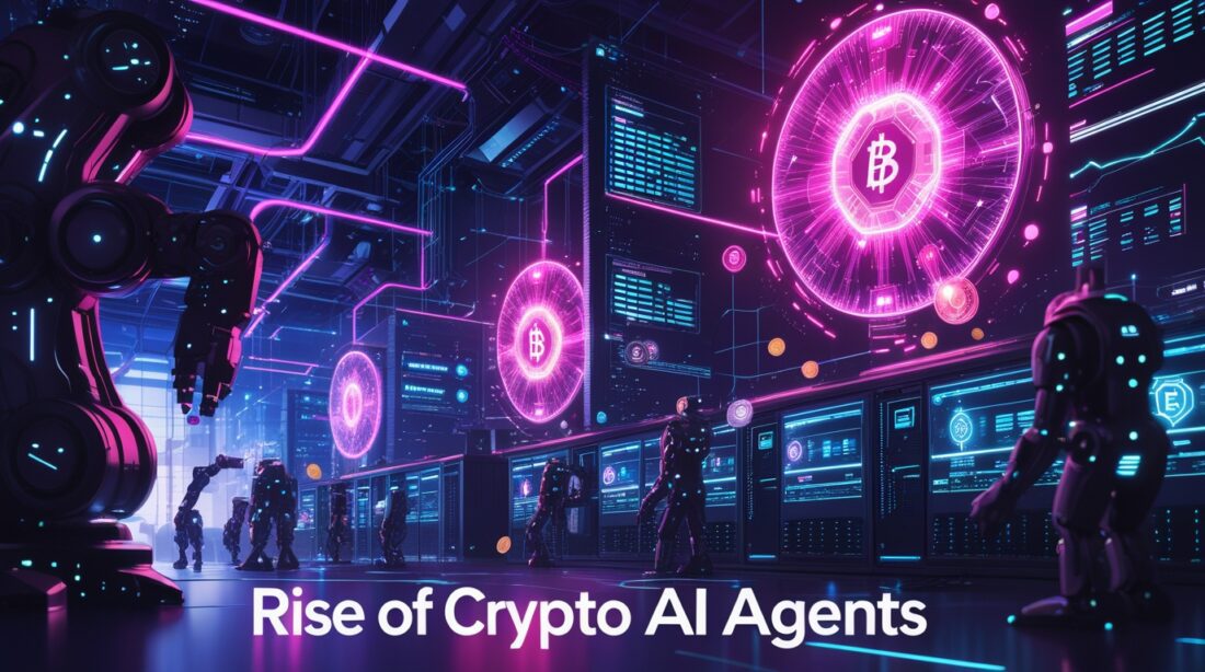 Cyberpunk digital illustration titled “Rise of Crypto AI Agents,” showing glowing pink and blue industrial AI systems and blockchain holograms. Depicts humanoid AI agents managing data streams in a futuristic factory, symbolizing How Industrial AI Is Powering 44 Billion in Revenue by 2025 and the Rise of Crypto AI Agents