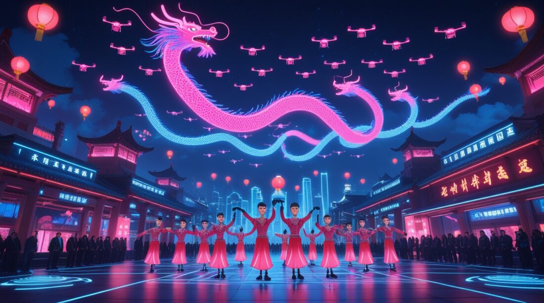 Cyberpunk digital illustration titled “How Smart Robots and Drones Are Transforming China's National Day Celebrations”, showing humanoid robots and glowing drones performing synchronized shows under neon pink and blue lights across futuristic Chinese cityscapes, symbolizing the fusion of technology, AI, and tradition during modern National Day festivities.