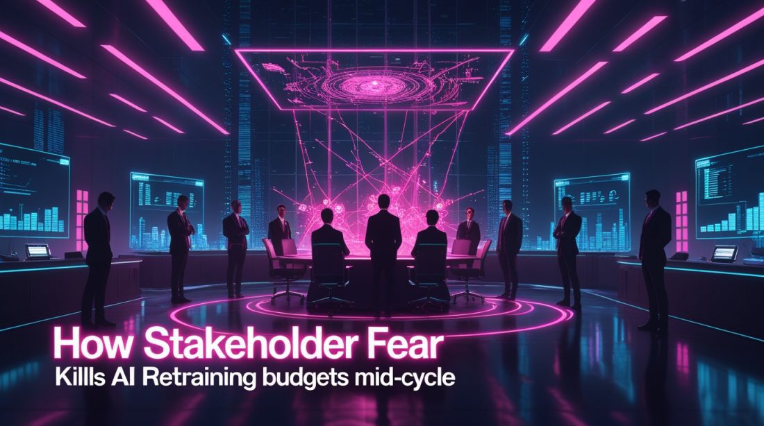 Cyberpunk digital illustration titled “How Stakeholder Fear Kills AI Retraining Budgets Mid-Cycle” showing executives in a neon-lit futuristic boardroom surrounded by holographic data and collapsing AI projections, symbolizing how corporate fear halts AI retraining and innovation mid-cycle.