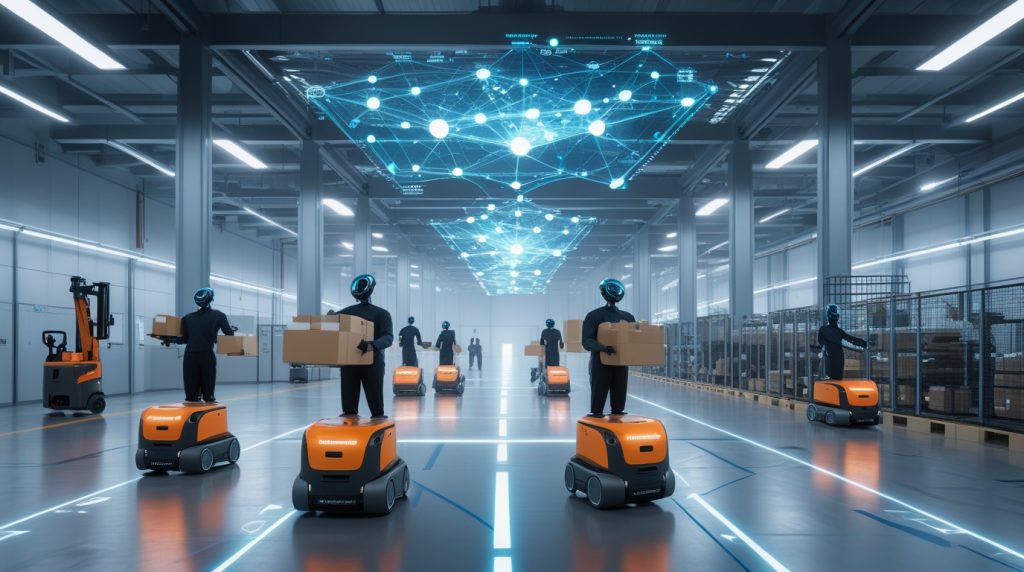Futuristic warehouse with autonomous mobile robots and AI systems coordinating logistics, performing quality control, and optimizing manufacturing operations using the Three Lives framework.