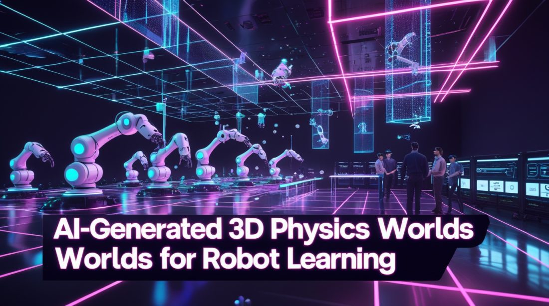 Cyberpunk digital illustration of AI-generated 3D physics worlds for robot learning, showing robotic arms training in glowing virtual environments with neon pink and blue holograms, symbolizing advanced simulation technology in industrial automation.