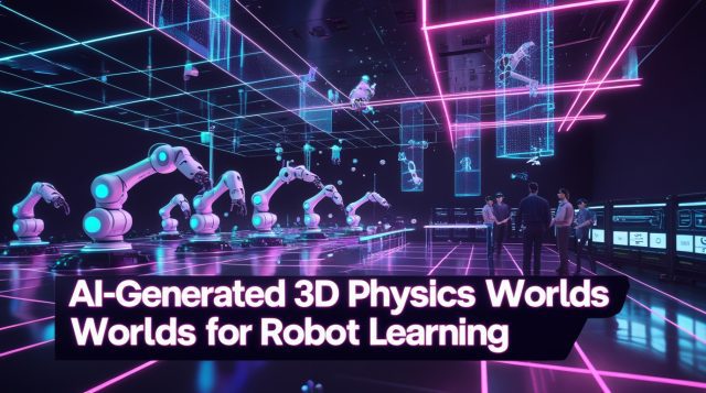 Cyberpunk digital illustration of AI-generated 3D physics worlds for robot learning, showing robotic arms training in glowing virtual environments with neon pink and blue holograms, symbolizing advanced simulation technology in industrial automation.