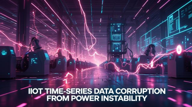 Cyberpunk digital illustration showing IIoT time-series data corruption from power instability in a futuristic smart factory, with neon pink and blue lighting, glitching data streams, and unstable power surges disrupting industrial AI systems and sensor networks.