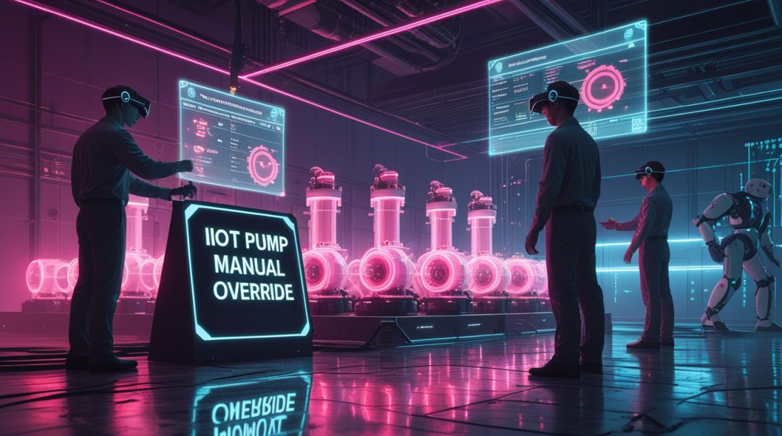 Futuristic cyberpunk digital illustration of an IIoT pump manual override in a neon pink and blue industrial control room, showing engineers taking manual control of smart pumps during AI system failure, symbolizing human-AI collaboration in industrial automation.