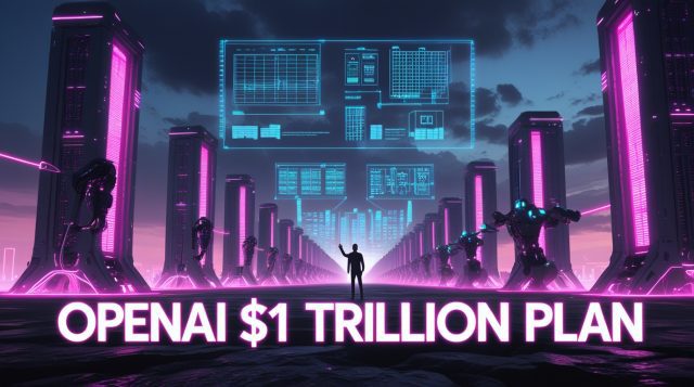 Cyberpunk digital illustration showing OpenAI’s $1 trillion AI expansion with neon pink and blue lights, futuristic data centers, humanoid robots, and glowing text “OpenAI $1 Trillion Plan,” representing large-scale AI infrastructure and industrial automation.