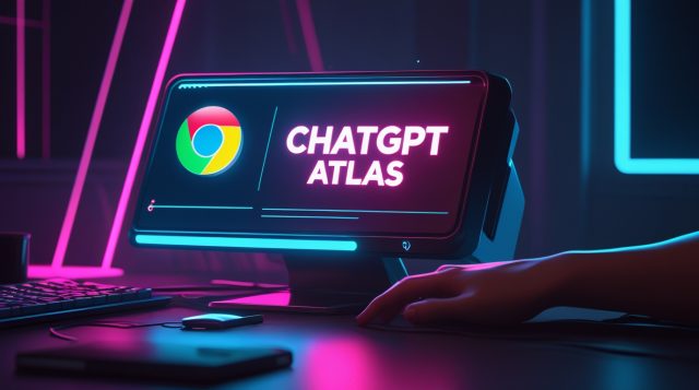 Cyberpunk-style digital illustration showing a human hand navigating a computer with neon pink and blue lighting, featuring “ChatGPT Atlas” text on screen, a Google Chrome icon crossed out, and a rising futuristic browser symbolizing AI-powered browsing.