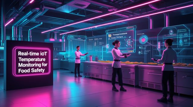 Cyberpunk-style digital illustration of a futuristic commercial kitchen featuring real-time IoT temperature monitoring for food safety, with neon pink and blue lighting, AI-powered sensors, and holographic dashboards tracking live food temperatures and predictive maintenance alerts.
