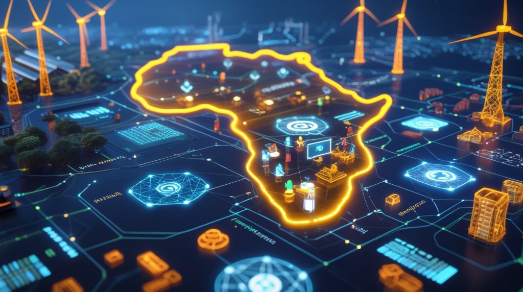 Futuristic African industrial landscape showing interconnected IIoT factories, solar grids, and wind turbines powered by AI with multilingual holographic interfaces in Swahili, Yoruba, Zulu, and Arabic, symbolizing Africa’s inclusive smart industry future.