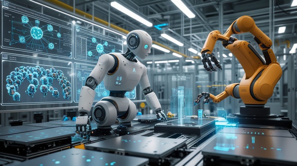 Futuristic robotics lab with adaptive humanoid robots and robotic arms using hybrid neural networks, generative AI, and domain randomization for flexible manufacturing automation.