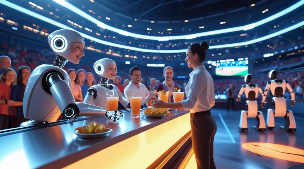 Futuristic sports arena showing human-robot collaboration, with robots serving drinks and humans engaging with fans under bright stadium lights, symbolizing innovation in live sports entertainment.
