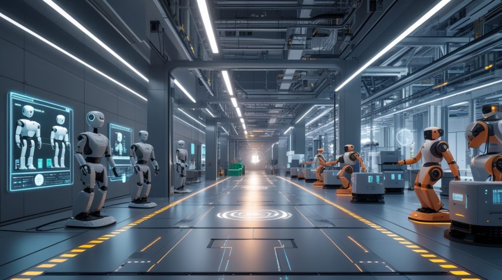Futuristic industrial robotics scene showing collaborative robots evolving through stages of development—from simulation to real-world manufacturing and logistics environments—symbolizing Cogito Tech’s Three Lives framework for AI-driven automation and workforce integration in 2025.