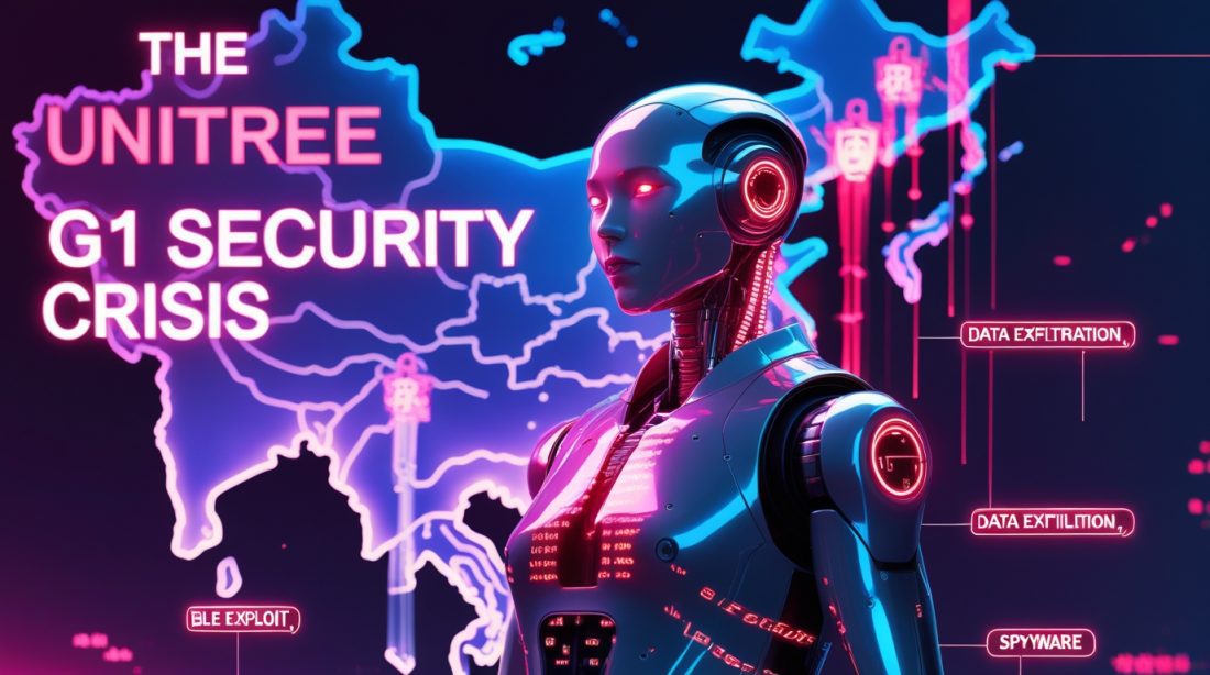 Cyberpunk digital illustration titled “The Unitree G1 Security Crisis” showing a humanoid robot leaking neon data streams into a glowing map of China. The scene symbolizes hacking exploits, surveillance, and covert data theft. The Unitree G1 Security Crisis explains how a humanoid robot became a spy and cyber weapon.