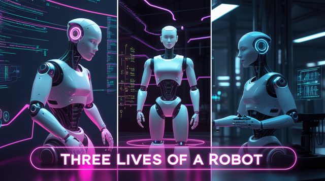 Cyberpunk digital illustration showing the three stages of AI robotics evolution—simulation, real-world deployment, and continuous adaptation—under neon pink and blue lighting, symbolizing Cogito Tech’s “Three Lives of a Robot” framework for industrial automation.