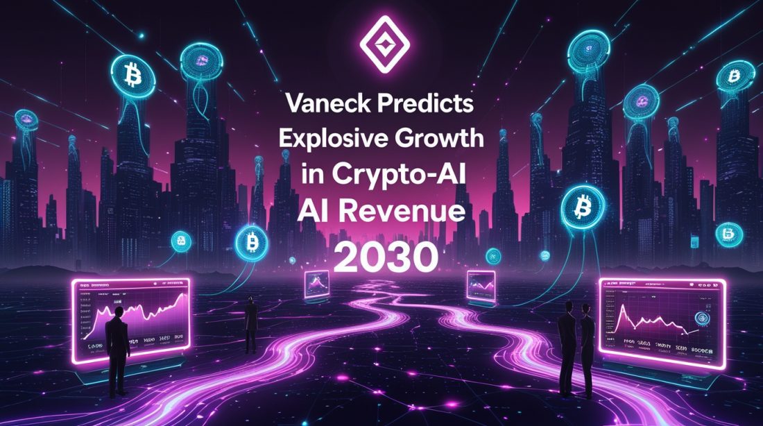 Futuristic cyberpunk illustration in neon pink and blue showing AI and blockchain data streams merging under the glowing text “VanEck Predicts Explosive Growth in Crypto-AI Revenue — Here’s the Roadmap,” symbolizing the $10.2 billion forecast for crypto-AI markets by 2030 and the technological synergy between blockchain and artificial intelligence.