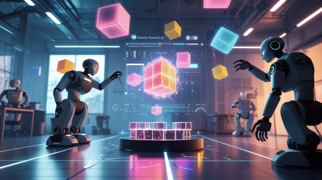Futuristic robotics training lab showing robots practicing with holographic cubes of different colors, sizes, and textures in a dynamic virtual environment, representing domain randomization in AI training for improved real-world adaptability.