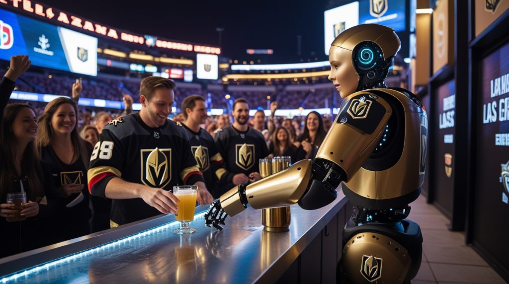 Futuristic robot bartender ADAM serving fans at a Vegas Golden Knights hockey game outside T-Mobile Arena, showcasing robotic technology, team branding, and fan engagement during the 2025 season.