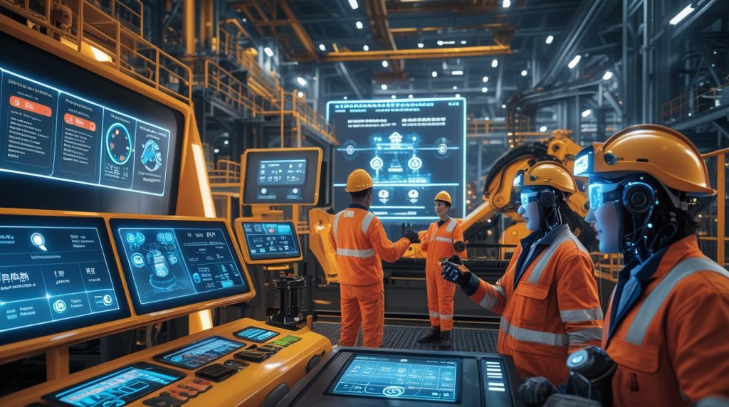 Futuristic multilingual industrial control room with AI-powered voice assistants, holographic dashboards, and workers using translated safety instructions in smart factories for improved IoT communication and operational efficiency.