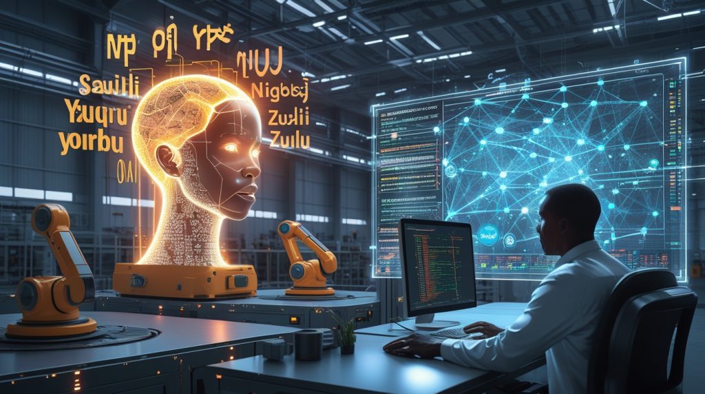 Futuristic African smart factory with IIoT machines, holographic data streams, and multilingual AI voice assistants struggling to interpret diverse African languages, symbolizing data scarcity and linguistic challenges in industrial AI systems.