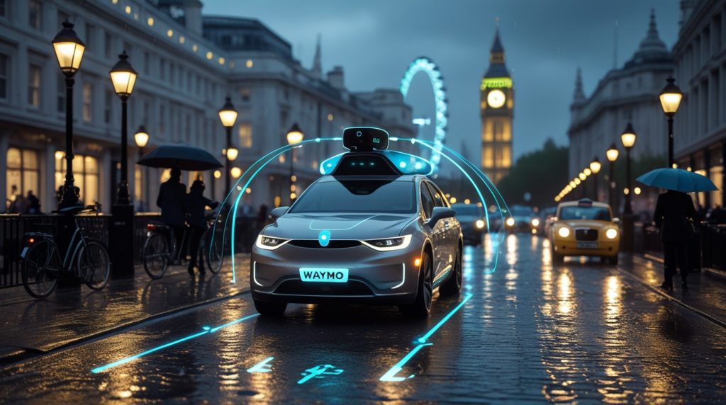 "Waymo autonomous car using lidar sensors navigating rainy London streets with cyclists, taxis, and pedestrians, showcasing AI adaptation in complex urban environments."