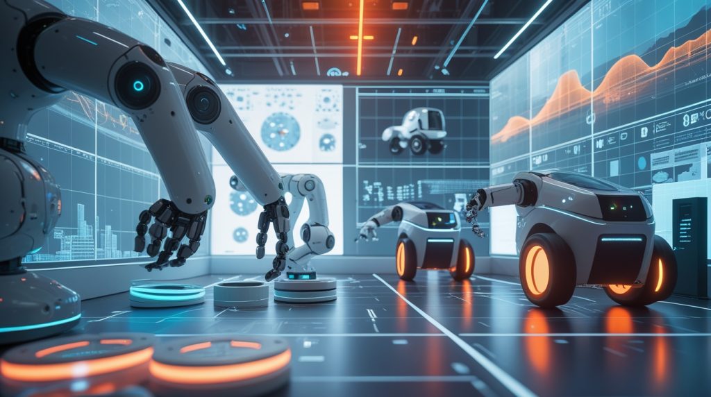 Futuristic robotics lab showing humanoid and industrial robots training in a virtual simulation environment with holographic components, 3D data grids, and AI analytics—illustrating how robots learn through simulation before real-world deployment.