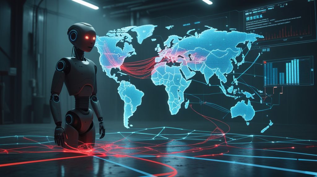 Humanoid robot in a dark industrial room secretly transmitting data streams to servers in China, with holographic network lines showing telemetry, video, audio, and surveillance leaks.